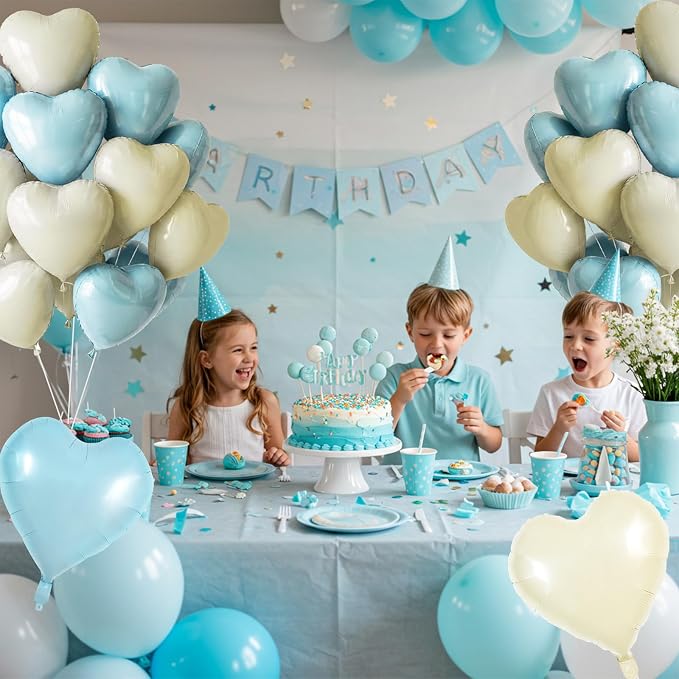 TONIFUL 30 Pcs 18 Inch Blue Cream White Heart Shape Foil Mylar Balloons | Soft - Image 4