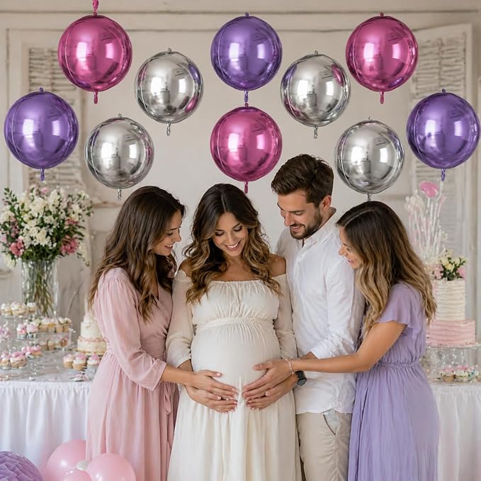 Pink Purple Silver Round Foil Balloons 9 pcs, Metallic Giant 4D Round Balloons - Image 6