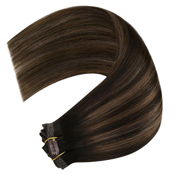 YoungSee 150G Clip in Human Hair Extensions Brown Balayage Human Hair Clip ins Dark Mix Medium Brown Clip in Hair Extensions Long Straight Hair 24Inch 7Pcs