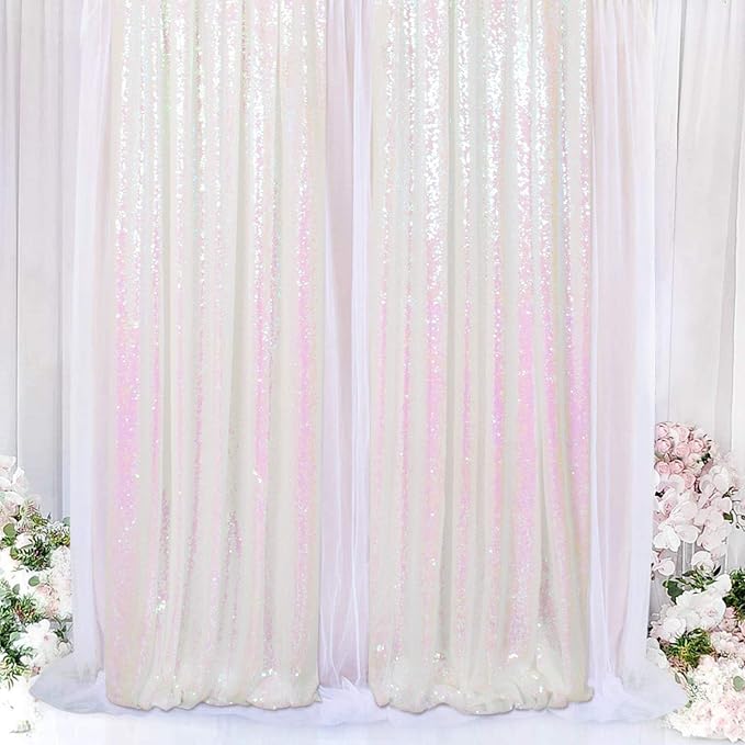 ShinyBeauty Sequin Backdrop 2FTx8FT Iridescent White 2 Pieces White Sequin Back - Image 6