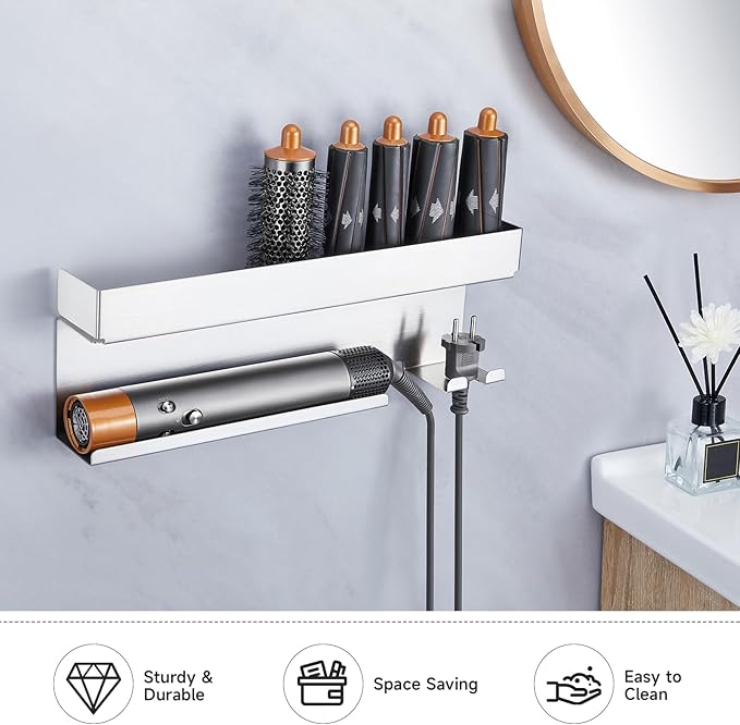 Storage Hair Dryer Holder for Curling Iron Wands Accessories, Hair Straightener Holder, Wall Mount Hair Tool Organizer for Styler Attachments,Stainless Steel Curling Iron Holder Organizer for Bathroom