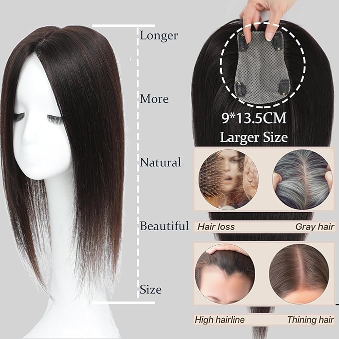 Hair Toppers for Women Real Human Hair, 360° 3D Human Hair Toppers for Women with Thinning Hair Upgrade Middle Part Clip in Bangs (Mocha Brown NEW, 14 Inch-3D-Side)