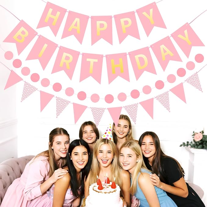 Pink Gold Happy Birthday Banner, Happy Birthday Decorations Hanging Birthday - Image 4