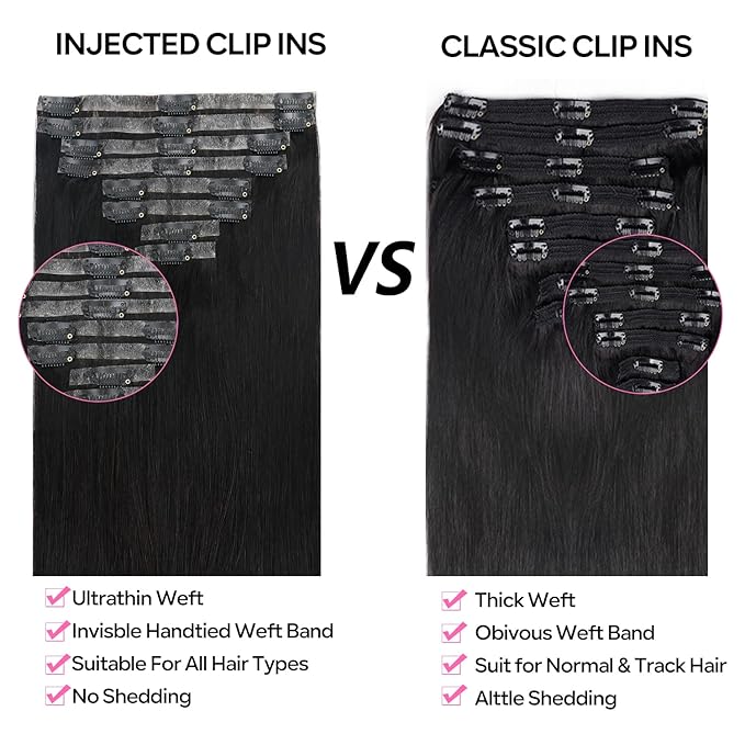 Injected Clip in Hair Extensions Real Human Hair Invisible Hand-Tied Weft Hair Extensions Clip in Human Hair Straight Seamless Clip ins for Women 8Pcs 120g 14inch #1B Natural Black