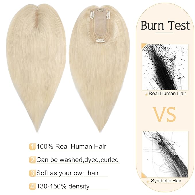 SEGO Human Hair Toppers for Women With Thinning Hair, 7 * 13CM Silk Base 100% Real Human Hair Clip in Top Wiglet Hairpieces /14 Inch No Bangs Platinum Blonde