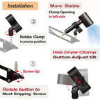 Blow Dryer Stand Hands Free 360 Rotate Hands Free Hair Dryer Holder，Adjustable Hair Dryer Stand Hands Free, Hands Free Blow Dryer Holder Stands Free Clip Suitable for 99%