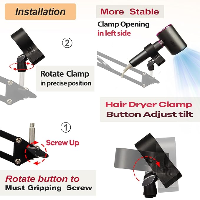 Blow Dryer Stand Hands Free 360 Rotate Hands Free Hair Dryer Holder，Adjustable Hair Dryer Stand Hands Free, Hands Free Blow Dryer Holder Stands Free Clip Suitable for 99%