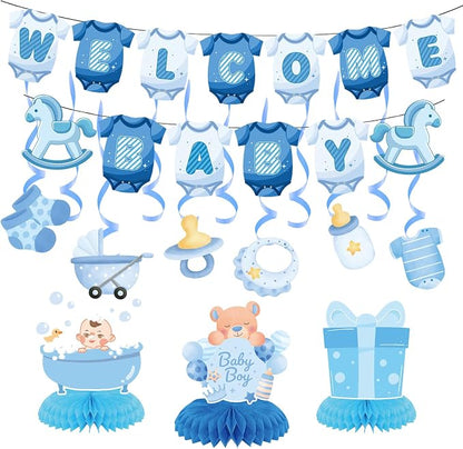 Baby Shower Decorations for Boy- Baby Shower Banner Blue Paper Welcome Baby by Rujor