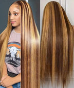 34 Inch Honey Blonde Ombre Lace Front Wig Human Hair 200 Density 13x6 HD Lace Frontal Wigs Pre Plucked Highlight Brown 4/27 Colored Straight Wigs Human Hair Pre Plucked Tangle-Free