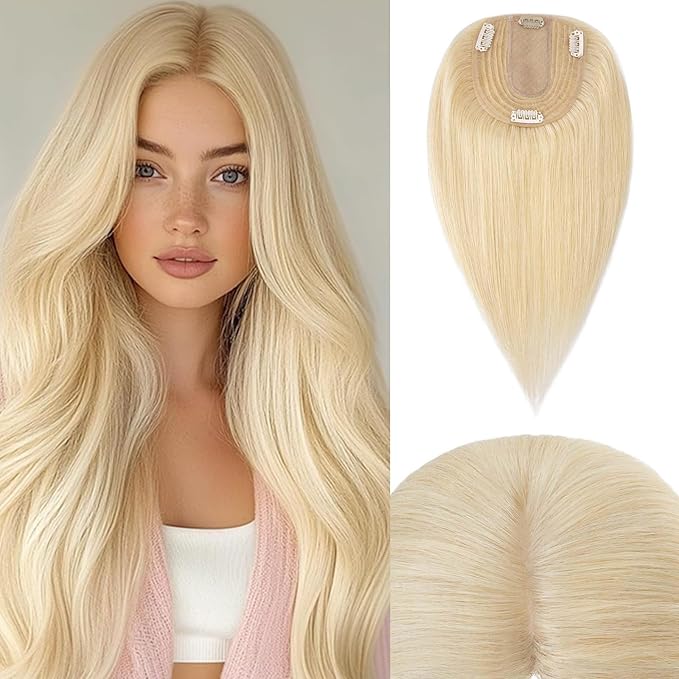 Rich Choices Hair Toppers for Women Real Human Hair 100% Human Remy Toppers NO Bangs for Women with Thinning on Top Clip in Hairpiece 4"x4.7"Lace Base 12 Inch #613 Bleach Blonde