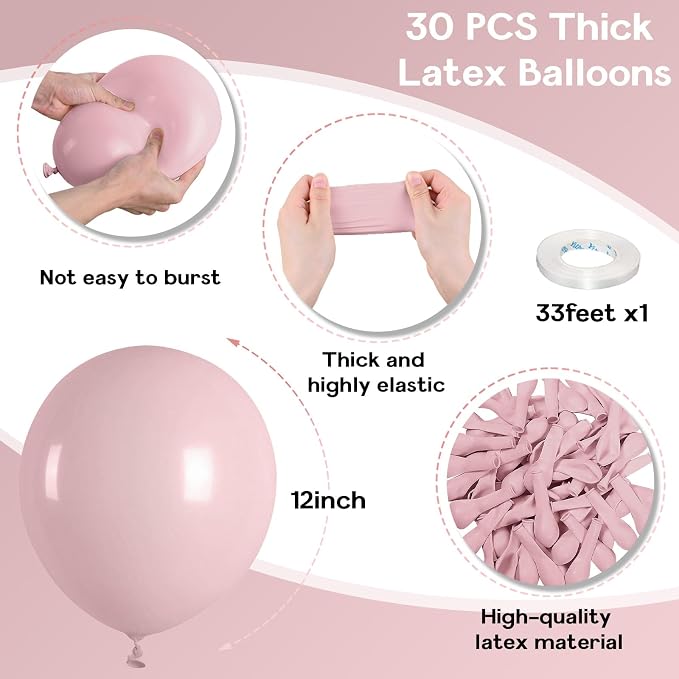 Jobkoo Pink Balloons, 12 Inch 30 Pcs Boho Blush Pink Party Balloon Dusty Rose - Image 2