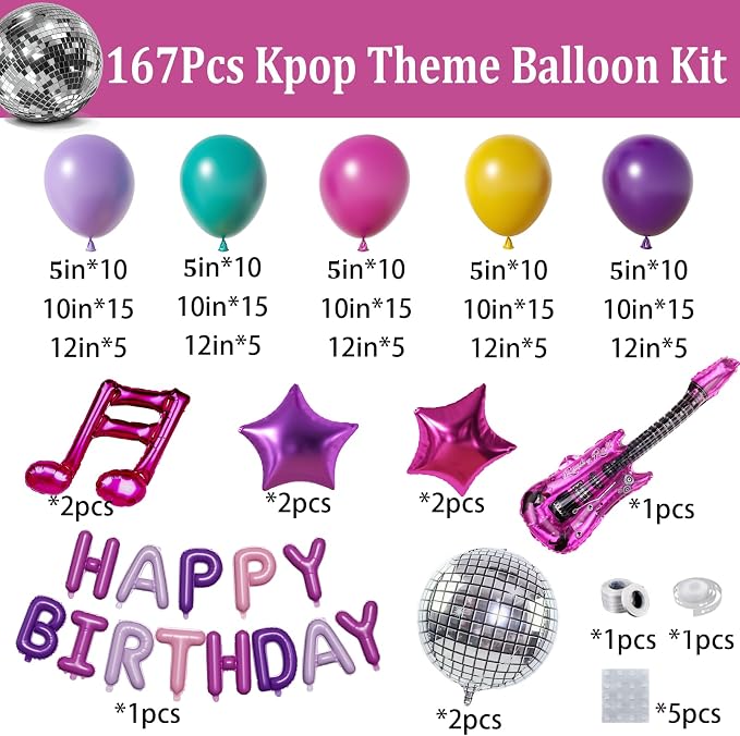 167PCS Purple Pink Teal K-Pop Music Themed Birthday Decorations - Image 3
