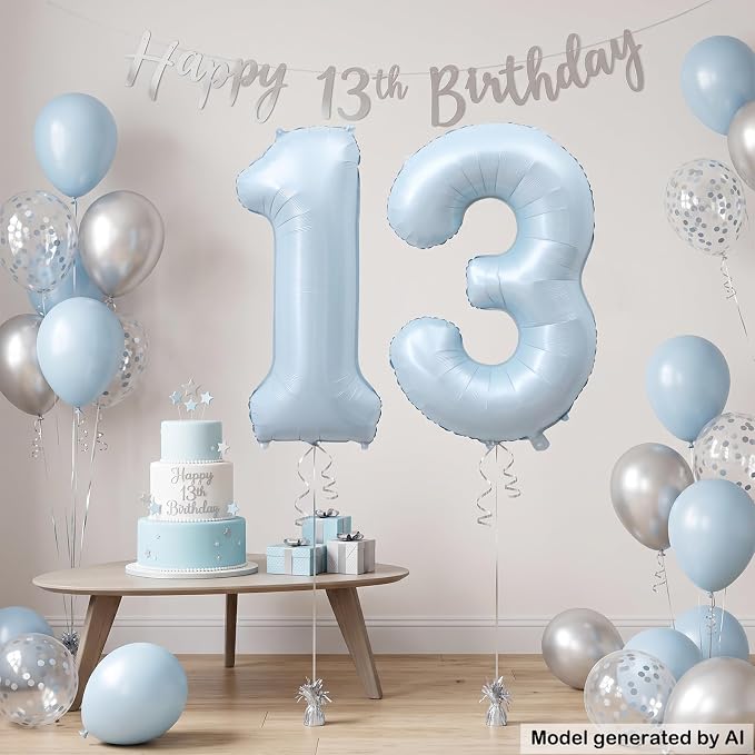 40" Light Blue Foil Number 13 Balloon - Image 4
