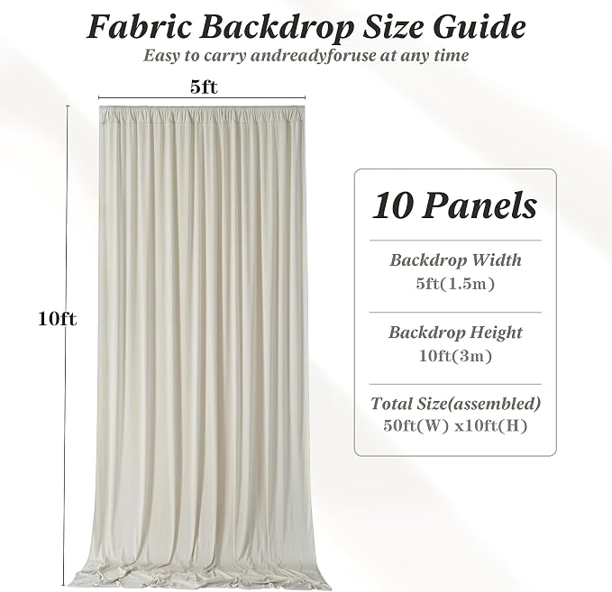 50 ft x 10 ft Wrinkle Free Beige Backdrop Curtain - Image 6