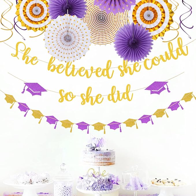Purple-Gold White Party-Decorations Graduation Banner-Streamers - Image 5