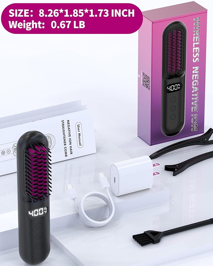 YFG Cordless Hair Straightener Brush, 10000mAh Battery, Ionic Thermal Wireless Hot Hair Brush Heat Comb (Black), Portable