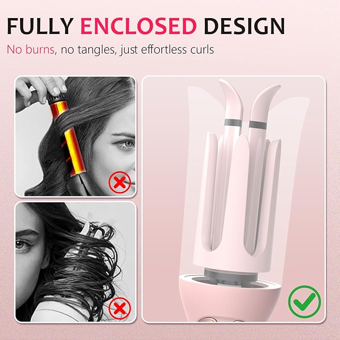 Ufree Automatic Rotating Curling Iron, 1 Inch Ceramic Curling Wand, 1-Click Hair Curler with 3 Heat & Timers, Anti-Scald Design, 1M Ionic Care, Dual Voltage for Travel Beach Waves, Pink