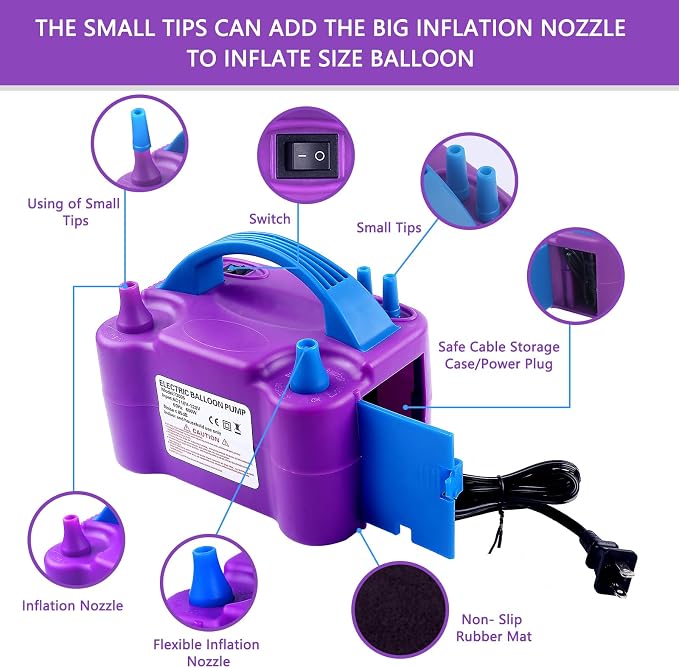 Balloon Pump Electric, 110V 600W Balloon Blower Inflator Dual Nozzle Air Pump - Image 2