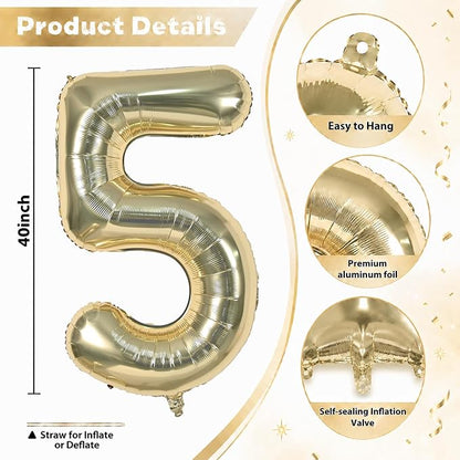 Champagne Gold Number Balloon 5, 40 Inch Large Self Inflating 5 Foil Number - Image 2