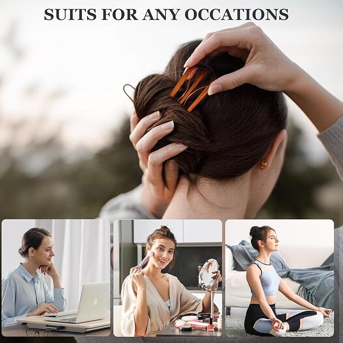 Sunolga 6PCS French Hair Pins for Women, French Pins Hair, 3.94" Large Hair Styling Pins for Thin Thick Hair, Unique 3 Internal Teeth Hair Sticks Hairpin（Amber）