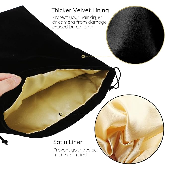 Segbeauty Black Velvet Drawstring Bags with Satin Liner, 2pack 15.7x11.8 Large Hair Dryer and Garment Organizer Bag, 40x30cm Velvet Jewelry Pouches Drawstring Gift Bags Travel Organizer Bag for Blow