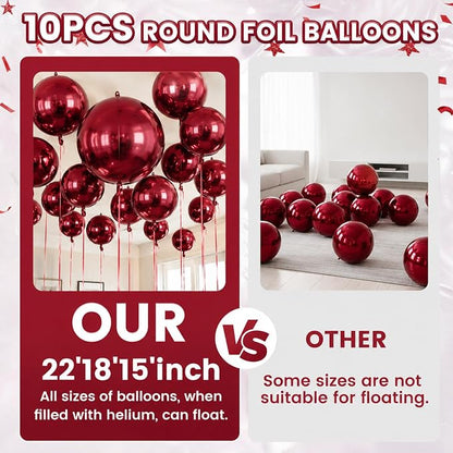 10Pcs Red Round Foil Balloons, Metallic Silver Dark Red Foil Baloon - Image 4