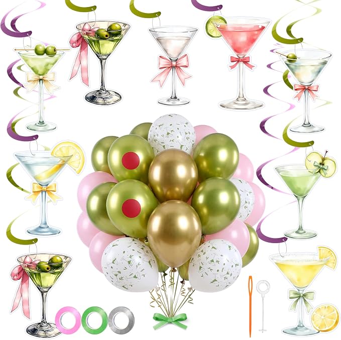 Gejoy 62 Pcs Martini Birthday Decoration Olive Martini Hanigng Swirl Decor by Gejoy