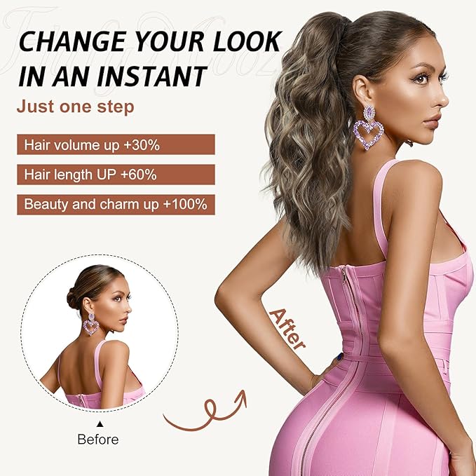 FLUFYMOOZ Ponytail Extension, 18 Inch Claw Clip Ponytail Extension, Wavy Curly Claw Clip in Ponytail Hair Extensions, Natural Fake Ponytail Synthetic Hairpiece for Women (Almond brown)