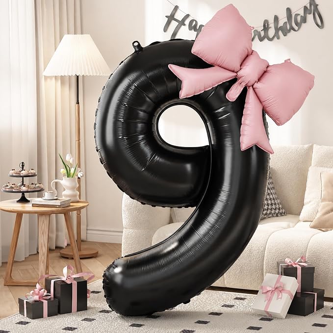 40 Inch Black Number 9 with Pink Bow Balloon, Giant Self Inflating Black Foil by KYGNE