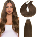 Lacer Remy Human Hair 22 Inch Tape In Extensions Chocolate Brown Color #4 Skin Weft Double Sided Adhesive 50 Gram Seamless Silky Straight Soft Hair Extension