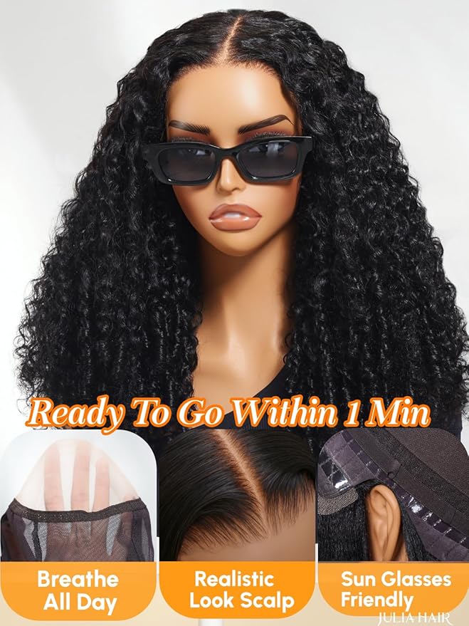 Julia Hair 7x5 Lace Water Curly Texture Wig With Finger Coil Ends Glueless Wigs Human Hair Put On and Go Invisible Lace Pre Plucked Pre Cut Bleached Knots Natural Hairline 16 Inch