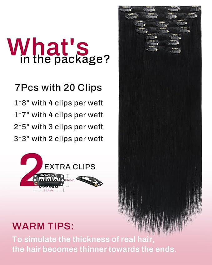 Moresoo Jet Black Hair Extensions Clip in Thick Real Human Hair Clip in Extensions Jet Black for Women Natural Remy Human Hair to Add Thickness Straight Double Weft 150g/7pcs 20in