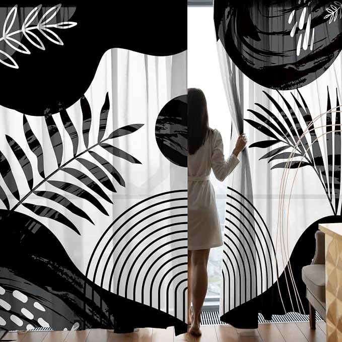 Boho Mid Century Black and White Living Room Curtains, 84 Inch Modern Arch Sun - Image 2