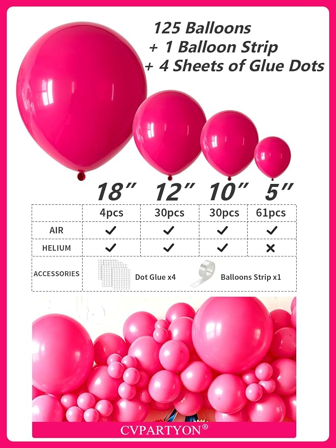 Hot Pink Balloons 125 Pcs Different Sizes 18 12 10 5 Inch Magenta Fuchsia Dark - Image 3