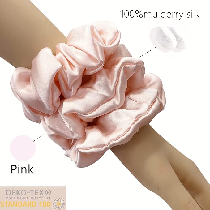 Suncdelv Silk,100% Silk Scrunchies for Hair,22 Momme Hair Ties for Anti-Crease & Breakage,Natural Women Hair Accessories，Fashion Hairbands 3PCS（Pink）