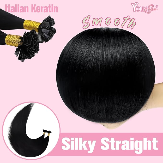 YoungSee K Tip Hair Extensions Black K Tips Human Hair Extensions for Wedding Jet Black 22In 50s/50g