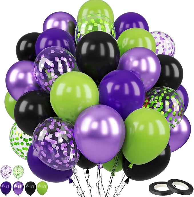 Purple Green Balloons, 12 Inch Halloween Balloons Set, Matte Black Fruit Green by Saxuxu