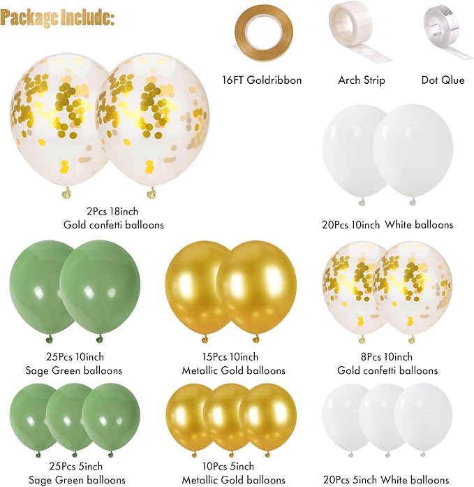 CANREVEL 125pcs Sage Green Balloon Garland Arch Kit White Gold Confetti - Image 2