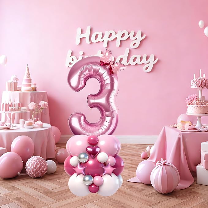40 Inch Pink Number 3 Balloon Tower Set, Pastel Number Three Foil Balloon - Image 3