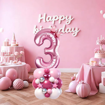 40 Inch Pink Number 3 Balloon Tower Set, Pastel Number Three Foil Balloon - Image 3