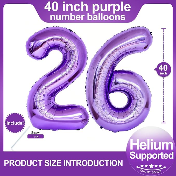 Number 26 Purple Balloons 40 Inch Giant Purple Foil 26 Number Helium Balloons - Image 2