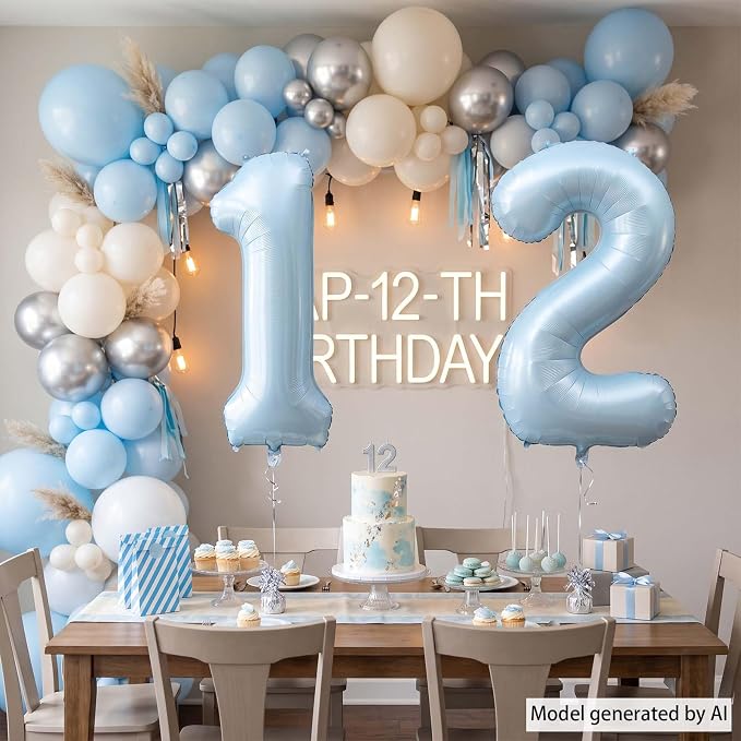 Baby Blue Number 12 Balloon 40 Inch, Foil Sky Pastel Numeral Party Supplies | - Image 3