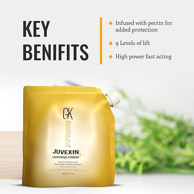 GK HAIR Global Keratin Lightening Powder (17.6 Fl Oz/500g) Pectin Protection Dust Free Powder Bleach Fast Acting Blue Base Prevents Loss of Moisture Provide Ideal Viscosity