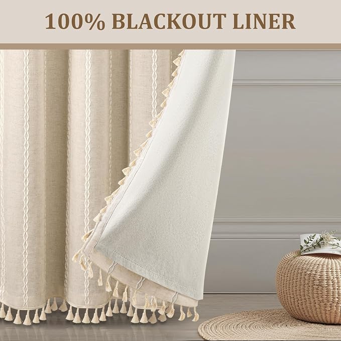 Boho 100% Blackout Curtains 96 Inch 2 Panels Linen Blend Beige | Vintage - Image 2