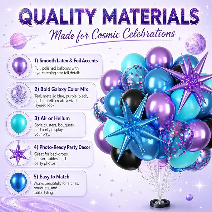 Galaxy Outer Space Balloons, 12 Inch Metallic Blue Purple Balloons - Image 3