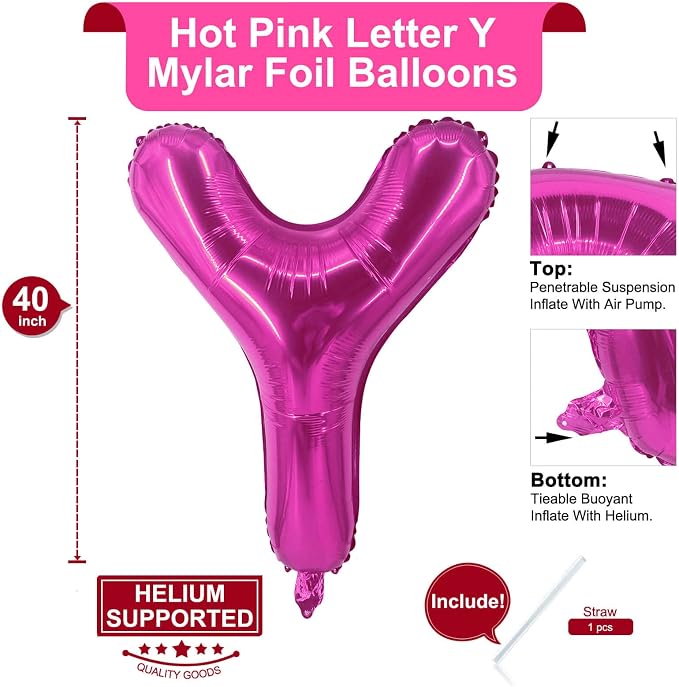 Lovoir 40 Inch Large Hot Pink Letter Y Balloons Big Size Jumbo Mylar Foil - Image 2