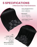 Moresoo Jet Black Human Hair Clip in Extensions Seamless Pu Skin Real Hair Extensions Clip in Human Hair Black Invisible for Women Thick And Long 150g/7pcs 22inch