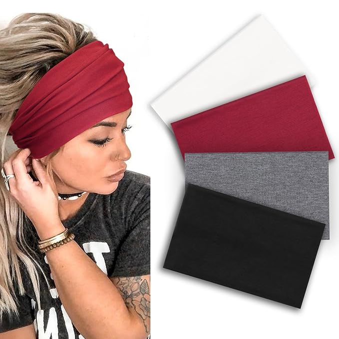 DRESHOW Wide Headbands for Women Elastic Turban Hair Bands Boho Head Bands for Women's Hair Non-Slip Yoga Workout Hairband Girls Accessories 4 Pack