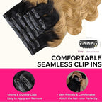 Lashey Seamless Clip in Hair Extensions Human Hair 7pcs 110g 14 Inch Body Wave Ombre Natural Black to Honey Blonde Hair Extensions Clip ins with Soft PU Weft
