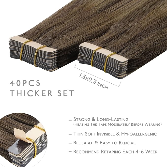 WENNALIFE Tape in Hair Extensions Human Hair, 40pcs 100g 14 inch Balayage Chocolate Brown to Caramel Blonde Hair Extensions Real Human Hair Straight Tape in Extensions Reusable Real Hair Extensions